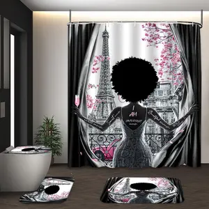 LVRLVR 4Pcs Black Woman Paris Eiffel Tower Print Inspirational Modern Multi-Color Shower Curtain Set 70.8×70.8 Inch
