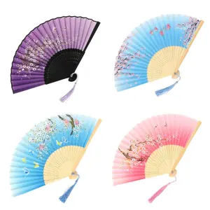 4Pcs Folding Hand Fan, Party Props Decoration, Flower Design, Hollow Carved Bamboo Handheld Folding Fan with Tassel for Birthday Gifts Dancing Cosplay Wedding Party