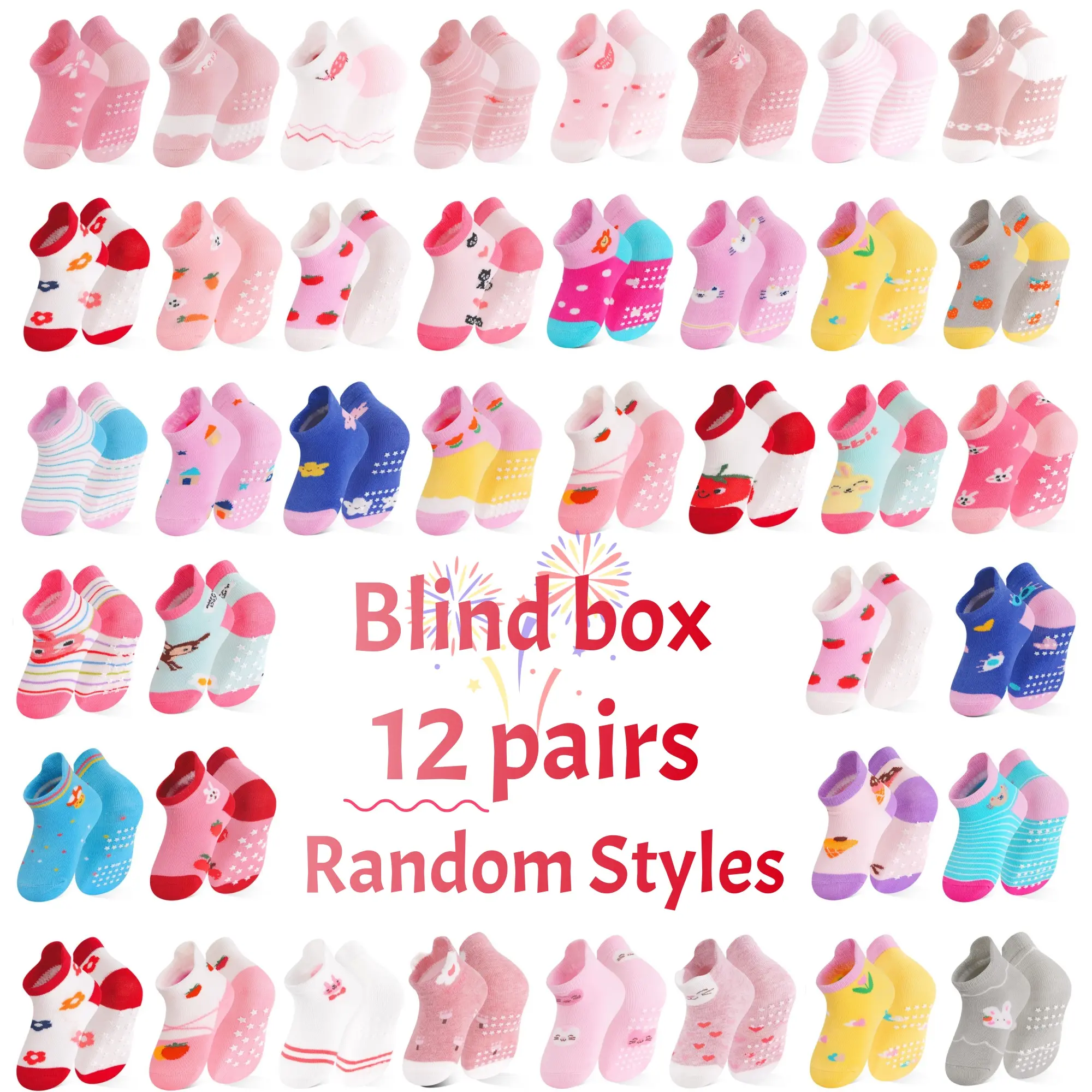 TPHON Cute Random Cartoon Graphic Ankle Socks for Toddler Girls (0-7 Years) - 12 Pairs Blind Box, Anti-Slip Silicone Bottom, Soft Breathable Stretch, Casual Comfy Child-Sized Liners, Casual Comfy Socks, Child-Sized Liners & Ankle Socks