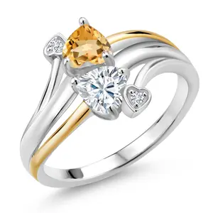 Gem Stone King 925 Sterling Silver and 10K Yellow Gold Citrine Moissanite and Lab Grown Diamond 2 Heart Promise Engagement Mother Ring (0.90 Cttw, Birthstone)