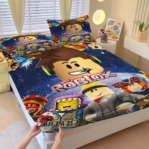 Roblox Gaming Theme Bed Fitted Sheet Set, Includes One Bedspread and Two Pillowcases, Cartoon Character Print Bedcap Decor for Kids' Room, High Elasticity, Durable Bedskirt with Elastic Edges for All Mattresses