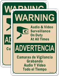 Warning Audio Video Surveillance On Duty At All Times Bilingual Sign English Spanish 10"x7" Aluminum Video Surveillance Sign No Trespassing Sign Security Camera Warning Safety Sign Metal Outdoor 2Pack