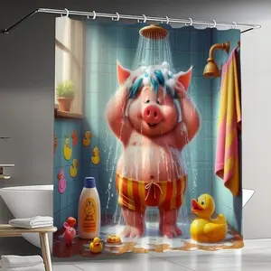 Pig pattern forest shower curtain design for bathing, polyester fabric, windows and walls, bathtub, bathroom home decoration shower curtain, all season universal shower curtain, bathroom decoration curtain, equipped with 12 hooks, Shower Curtain Sets