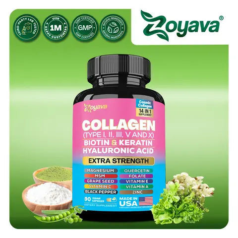Zoyava Collagen Supplement - Type I, II, III, V and X - with Biotin, Keratin, Hyaluronic Acid & 13+ Extra Strength Ingredients for Beauty, Fitness, & Healthcare - 90 Capsules - MADE IN USA