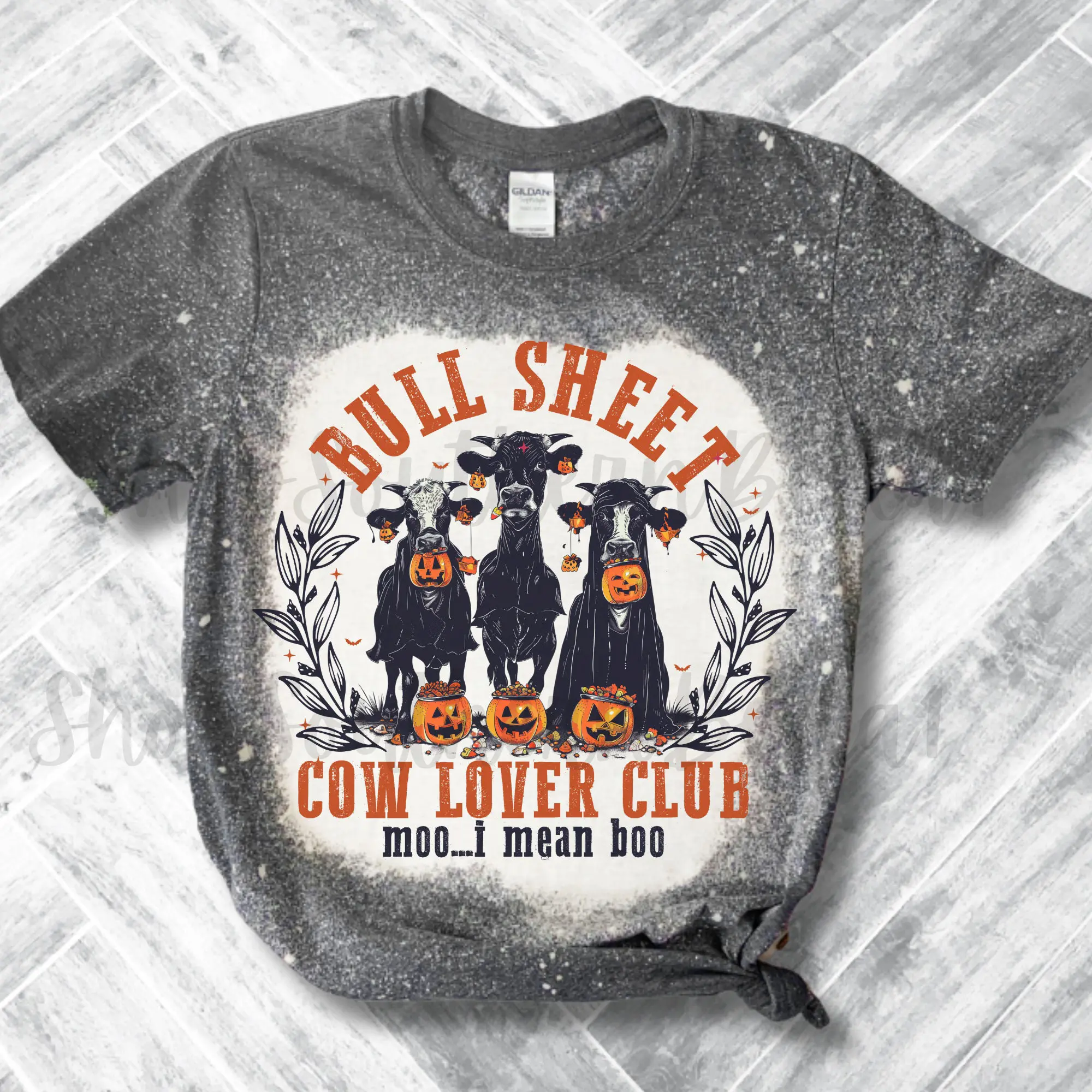 Bull Sheet Heifer Highland Cow Halloween Bleach Shirt, Plus Size Ghoul Bleached Tshirt, Trendy Distressed Spooky Ghost Tee