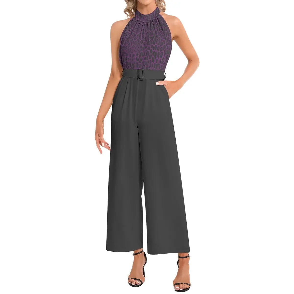 Women’s Halter Top Romper Jumpsuit Pantsuit Onesie One Piece Wide Leg Black with Purple Animal Print Stylish Outfit Set Womenswear