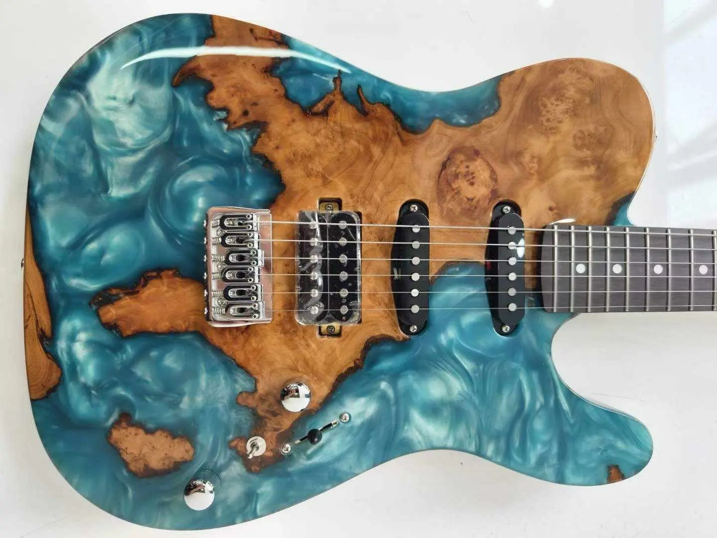 BADASS T Right Handed High-Quality Electric Guitar - Resin Wood-Grain Veneer, Carbonized Maple Neck, SS Frets, Rosewood Components, 8mm Resin+Burl Top, Cherry Accents, Mahogany Details, Tuner, Guitar Pick, Smooth Sound