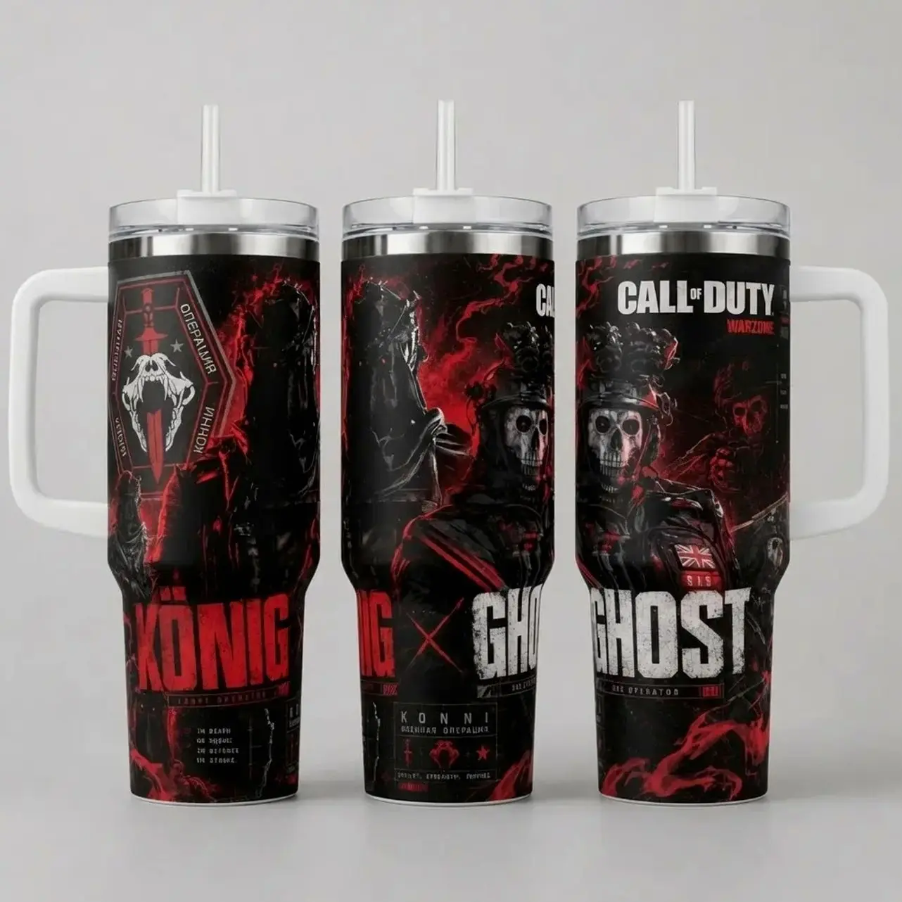 [MADE IN US] Vacuum Insulated Tumbler Ghost & Koonig Call of Duty with Lid and Straw - Stainless Steel Travel Coffee Mug Double Wall Hot & Cold Drink Cup Leakproof Portable