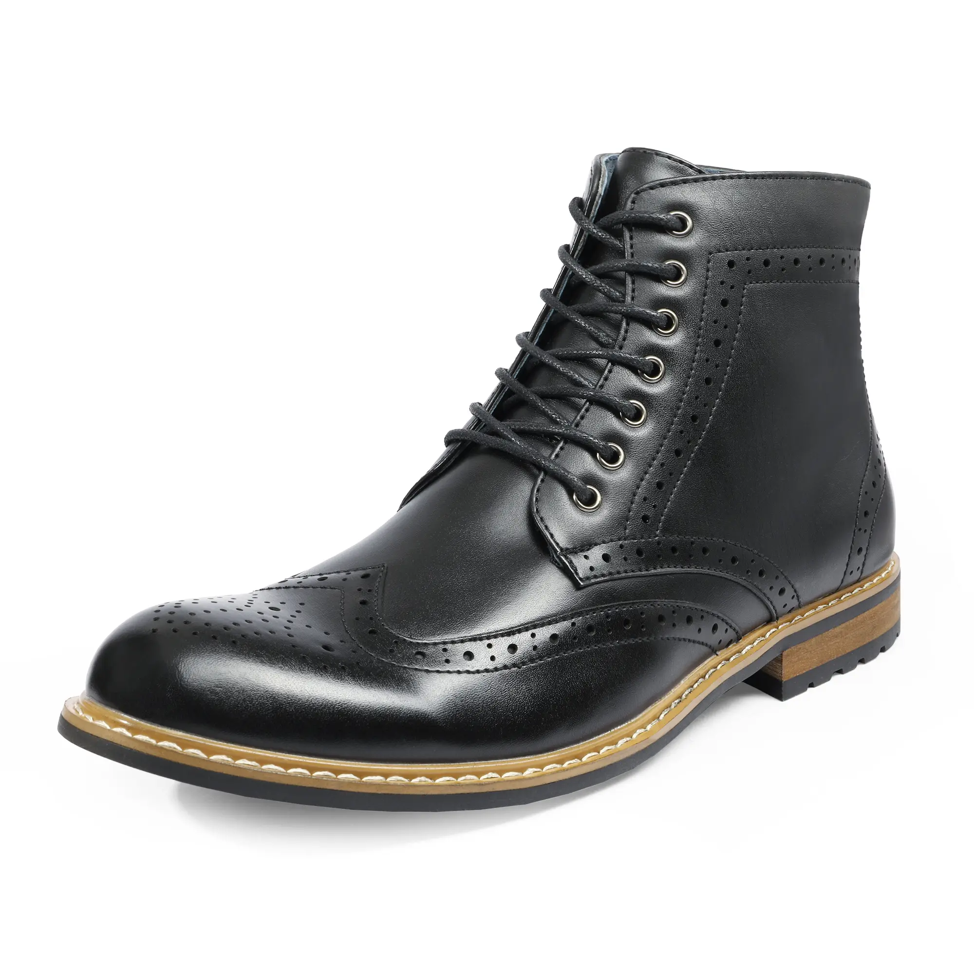 BRUNO MARC Men's Classic Leather Ankle Boots, Wingtip Lace-up Dress Oxfords with Side Zipper and Padded Rubber Sole sohochic