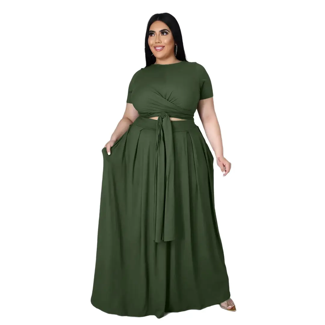 Acelyn Outifits Womens Plus Size 2 Piece Dress Outfits Short Sleeve Bandage Wrap Empire Crop Tops and Skirt Sets Clothes Womenswear