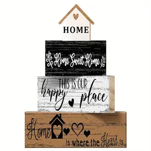 4 Pcs Sweet Home Tiered Tray Decor, Party center decoration, Farmhouse Wooden Tabletop Decor, Rustic Home Wood Sign Neutral Decorations for Wood Block Sign Coffee Shelf Desk Centerpiece Decoration, Rustic Design