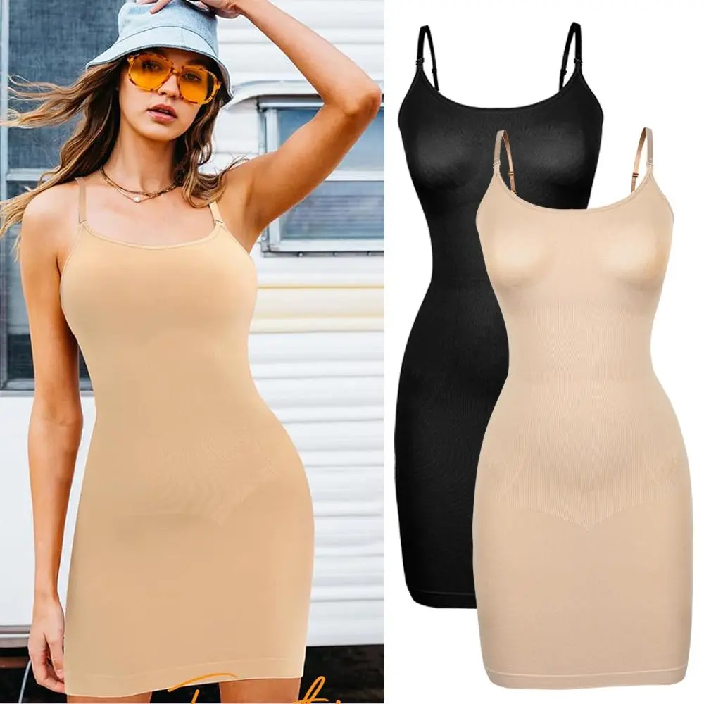 Women's Basic Elegant Solid Sleeveless Shapewear Cami Slip Dress - Spaghetti/Adjustable Shoulder Straps, Tummy Control, Comfortable Fit for Under Dresses, Spaghetti Strap, Plain, Slip-On Wear, Abdomen, Polyamide Blend