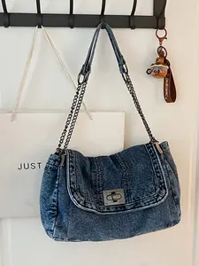 Vintage Distressed Denim Chain Crossbody Bag, Large Capacity Flip Lock Commuter Bag, Casual Versatile Solid Pattern Shoulder Bag for Women, Multiple Colors Available