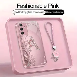 Suitable for [Galaxy A54] high-end women's phone case🤩，a beautiful four-leaf clover lanyard is included🍀，Exquisite floral print, non-3D rhinestones, 26 letters to choose from YM99