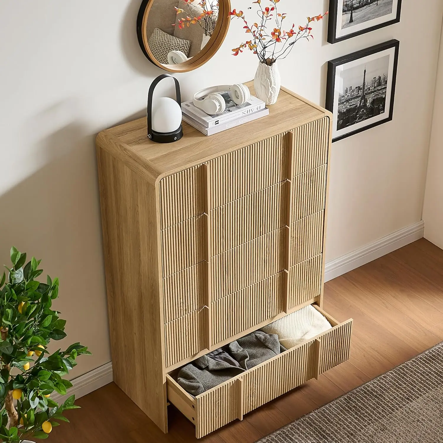 [SummerSale] AMERLIFE Fluted 5/6/7 Drawer Dresser, Modern Chest of Drawers with Pine Handles, Rounded Corners & Anti-Tip, Wood Drawer Organizer for Cloth, Bedroom, Living Room, Hallway, Entryway/Best Gift Ideas/Christmas Gifts