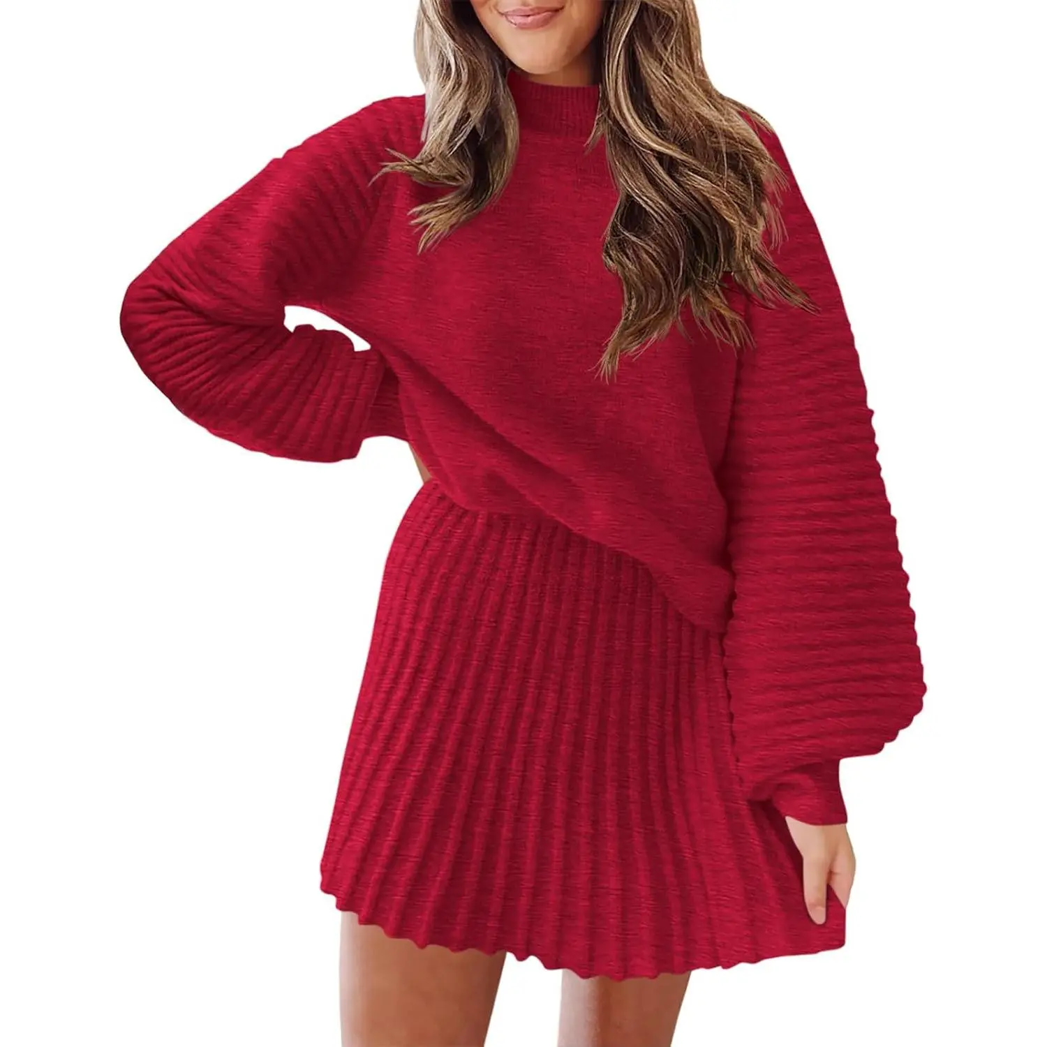 Women's 2-Piece Fitted Outfits - 2026 Long-Sleeve Mock Neck Soft Ribbed Knit Sweater & Puff Sleeve Mini Skirt Set, Easy Dress-Up Casual Fall Winter Fashion