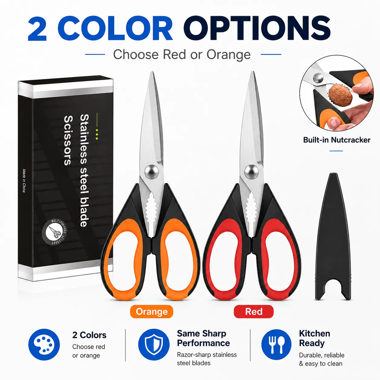 Heavy-Duty Stainless Steel Kitchen Scissors, All-Purpose Food Shears with Nut Cracker & Protective Sheath, Dishwasher-Safe Utility Utensils (Black-Red, Black-Orange)