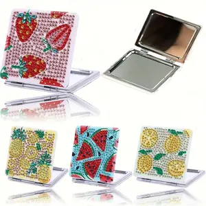 DIY Diamond Arts Colorful Painting Mirror, 1 Count Portable Small Mirror, Plant & Fruit Pattern DIY Makeup Mirror for Adults & Ladies, Crafts