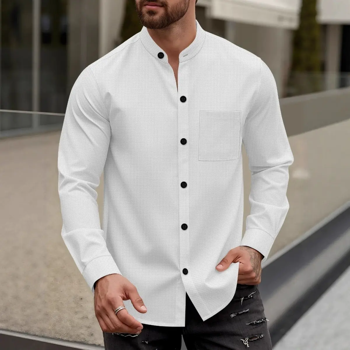 Menswear Casual Fashion Plain Waffle-Knit Longsleeves Button-Up Mock Neck Cardigan, Autumn New Men's Casual Top, Father's Day Gift