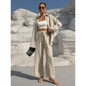 Women's Solid Button Front Shirt & Tie Front Wide Leg Pants Two-piece Set, Casual Drop Shoulder Long Sleeve Top & High Waist Trousers 2 Piece Set for Spring & Fall, Women's Clothes for Daily Wear, Linen Set � � gift � �1