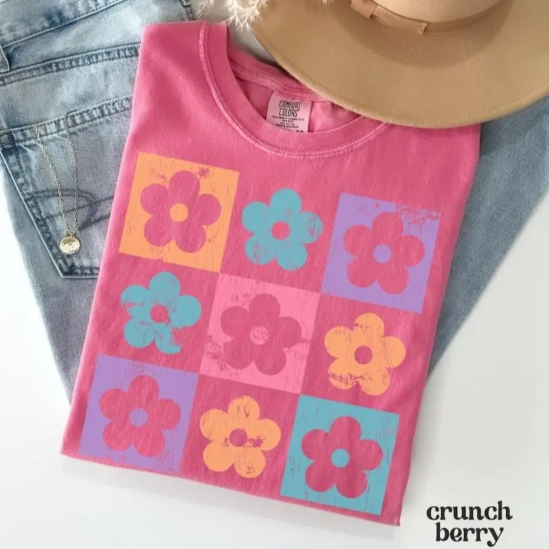 Comfort Colors Checkered Floral Shirt, Retro Checkered Flower TShirt, Boho Floral Spring Tee, Trendy Oversized Shirt for Women, Cute Easter Outfit Top