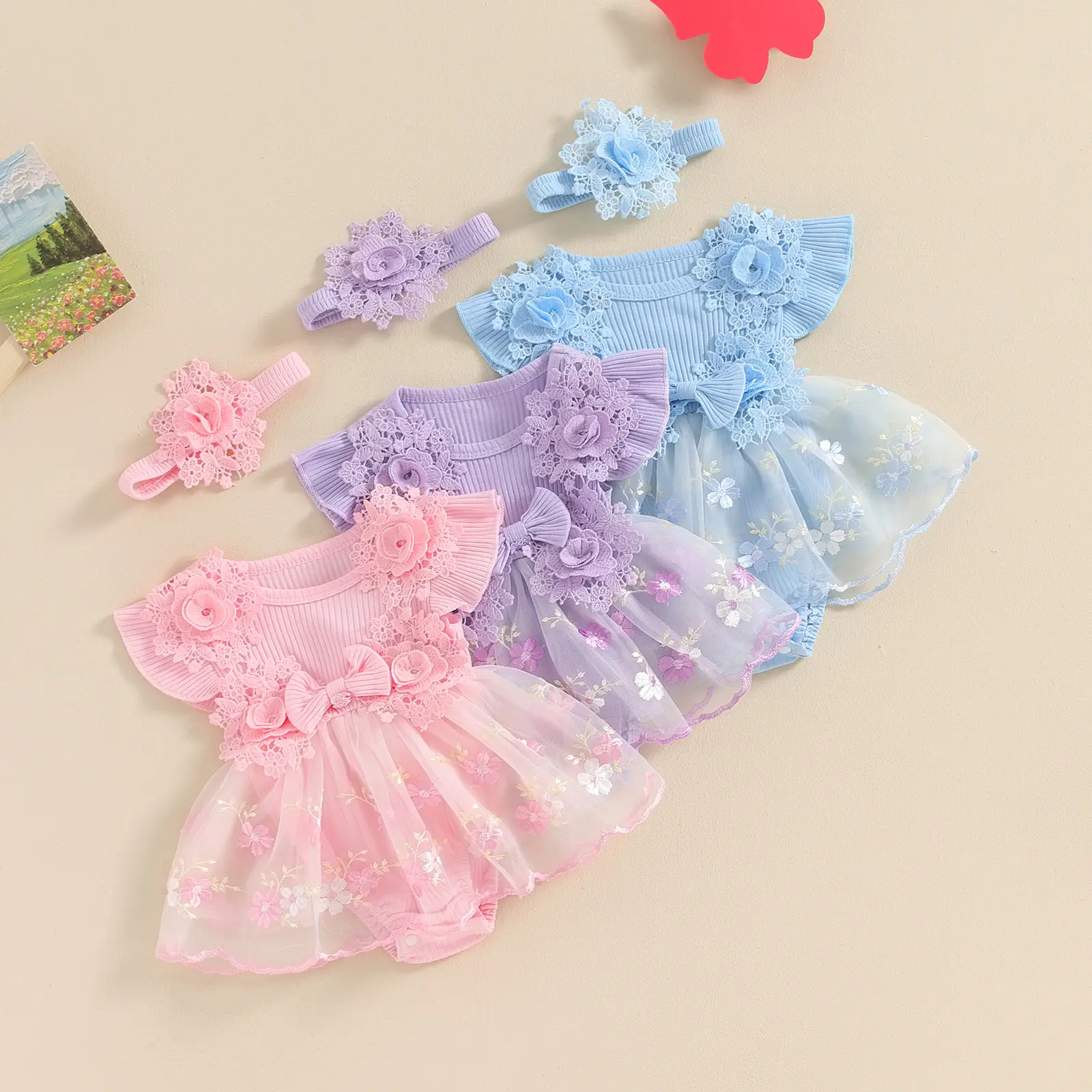 Newborn Baby Girl Summer Clothes Flower Lace Ruffle Sleeveless Tulle Tutu Romper Dress Headband 2Pcs Outfits