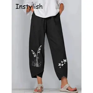 Vintage Cotton and Linen Loose Harem Pants Casual High Waist Wide Leg Trousers Women Harajuku Printed Baggy Pants Oversized