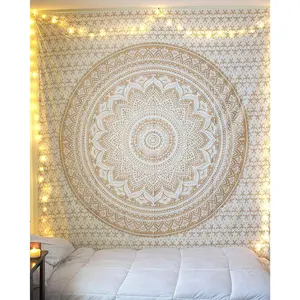 Ombre Wall Hanging Bohemian Tapestry, Metallic Wall Art Bedspread, Psychedelic Hippie Mandala Dorm Décor for Hanging, Bedding, Beach Coverlet Curtain, Gold, 54"X60"