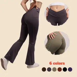 Women High-Waisted Scrunch Butt Flare Leggings Crossover Yoga Pants 78065 - 25% Spandex, Breathable, Casual Style Bottoms Comfort flared brown