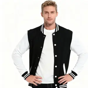 Letterman Baseball Bomber Men's Cotton Casual Fashion Sports Jacket with Long Hem, Black and White, Ideal for Baseball and Casual Wear