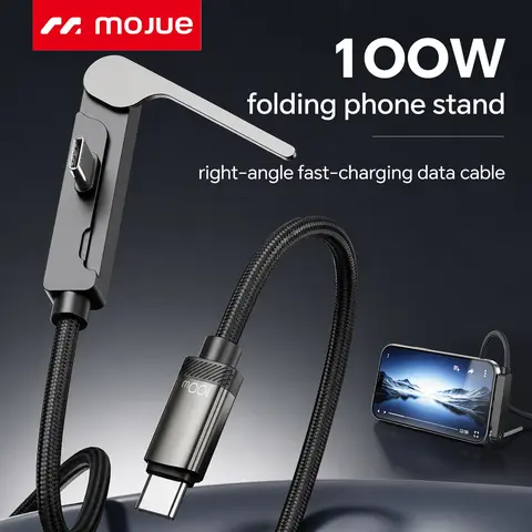 MOJUE 2-in-1 Foldable Invisible Adjustable Mobile Cellphone Stand & Cable - 100W Super Fast Charging Accessory with Type-C/Lightning Connectors, for Gaming, Car Travel - Black