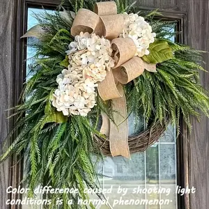 Rustic Bohemian Wreath (double-Sided Door Hanging) with Linen Bow & Greenery, Natural Farmhouse Style, Holiday Decorations