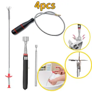 4pcs Magnetic Picking Tool Kit with Bendable Curve Gripper, Extendable Picking Tool, Strong Magnet for Hard To Reach Keys, Automotive and Household Bolts, Nuts and Screws Home