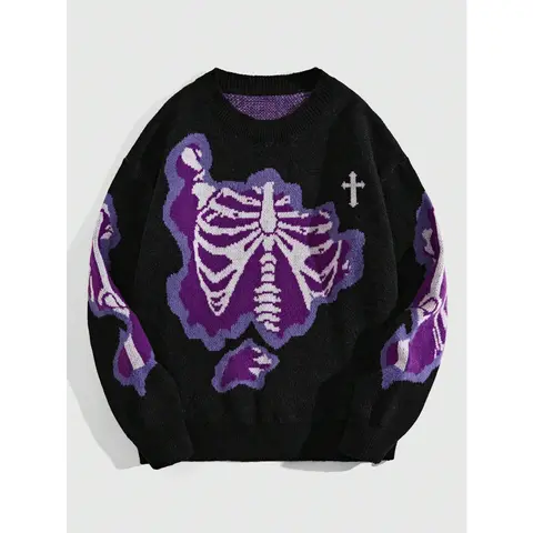 Men's Y2K Sweater Grunge Skull Graphic Long Sleeve Crewneck Knit Jumper Pullover Goth Alternative Sweaters, Polyester, Menswear, Knitwear