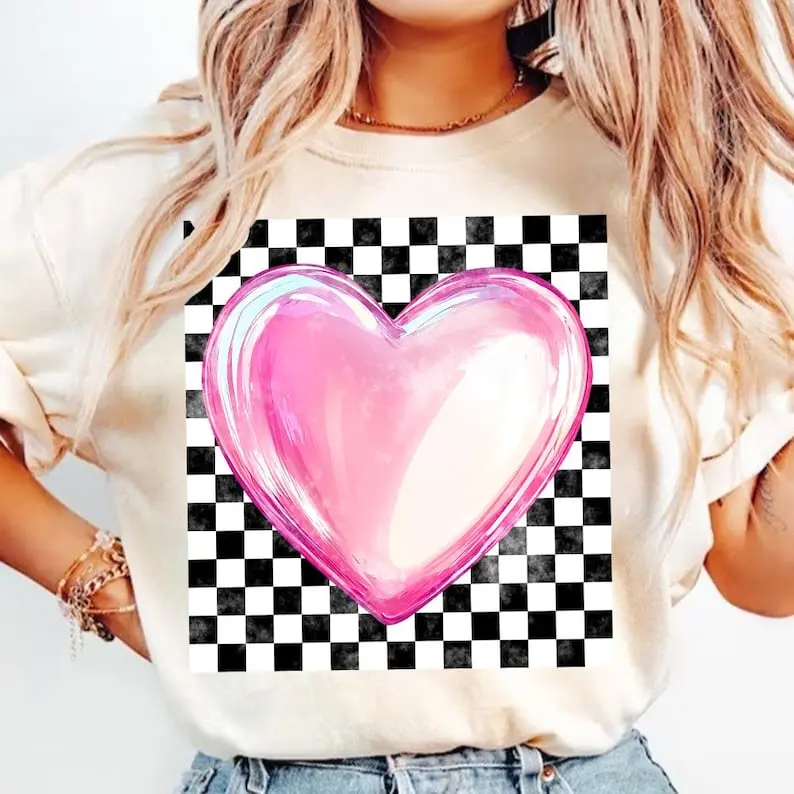 Lady's Fitted Retro Checkered Short-Sleeve Round Neck Cotton Graphic Shirt - Coquette Valentine's Day Blush Pink Casual Top, Cold Wash Everyday Wear, Shortsleeve, Valentines Day