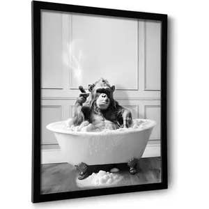 Framed Bathroom Decor Wall Art, Chimpanzee in Bathtub, Black and White Wall Art, Funny Bathroom Wall Decor Signs, Cute Animal Art Home Decor (Framed,8''x10'')