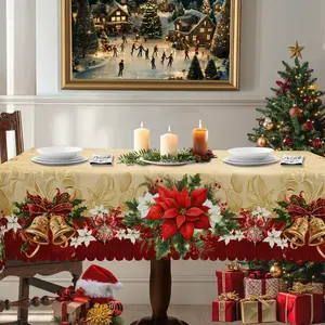 BLIOWL Red Christmas Party Tablecloth With Christmas Flower And Bell Pattern Design,Made Of 100% Polyester,Durable And Wear-Resistant,Waterproof,Stain Resistant,Wrinkle Resistant,Suitable For Rectangular And Circular Tables As Christmas Home Decor