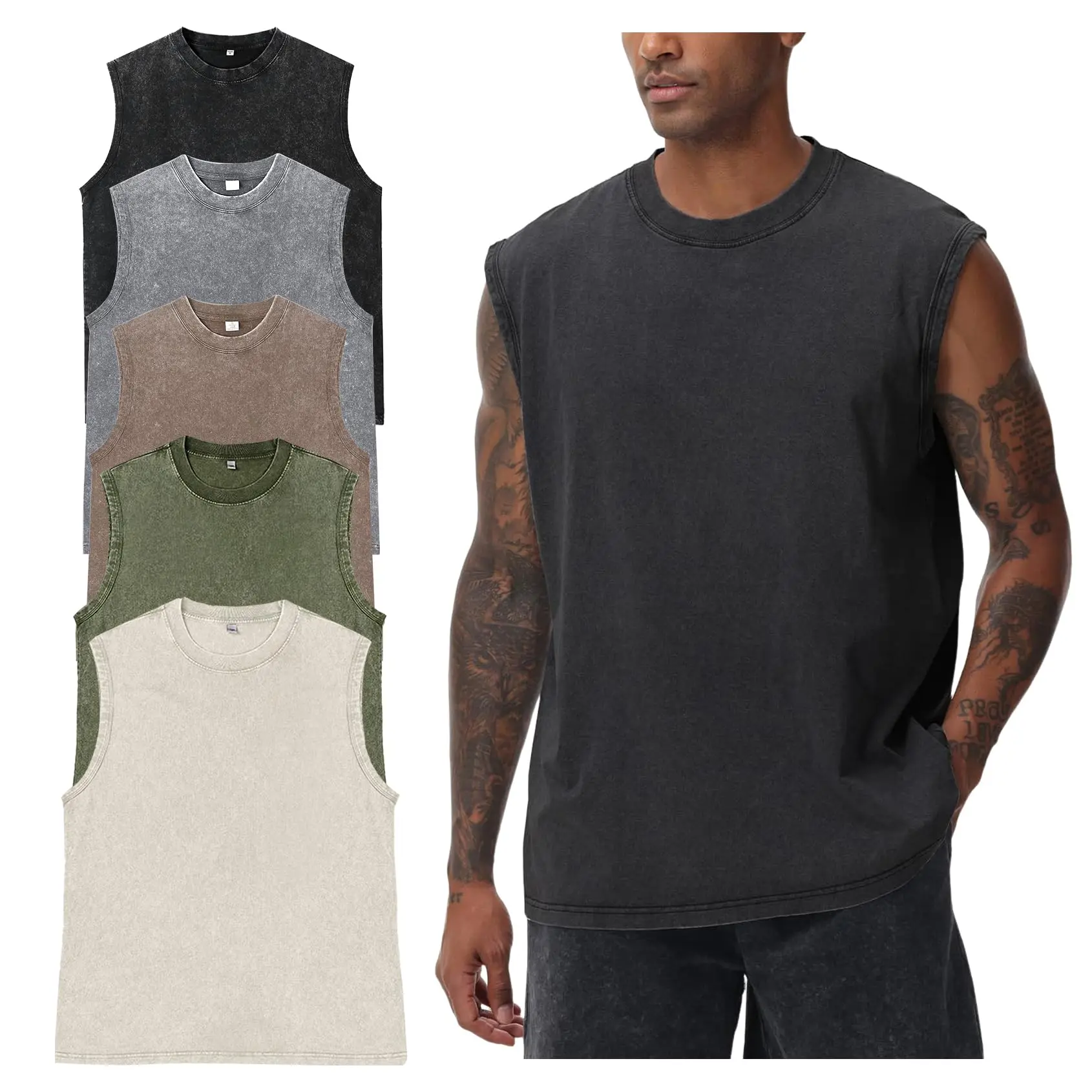 Gihuo 5PCS Mens Tank Tops Workout Sleeveless Shirts Acid Wash Cotton Tees Loose Gym Muscle Shirts Oversized Baggy Breathable Classic Stylish Unisex