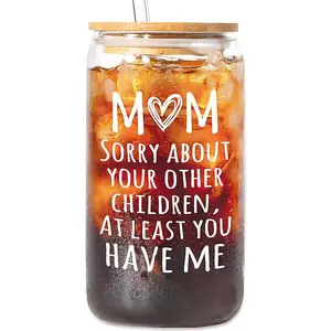 16oz Glass Tumbler with Straw and Brush, Mom Letter Pattern Glass Cup, Drinkware for Home, Office, and School Use, Gift for Mom, Glass Water Tumbler