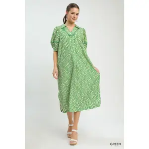 Women's Umgee Printed Puff-Sleeve Midi Dress with Pockets, Casual Womenswear Everyday Lightweight Casual Breathable Cute Summer Vneck