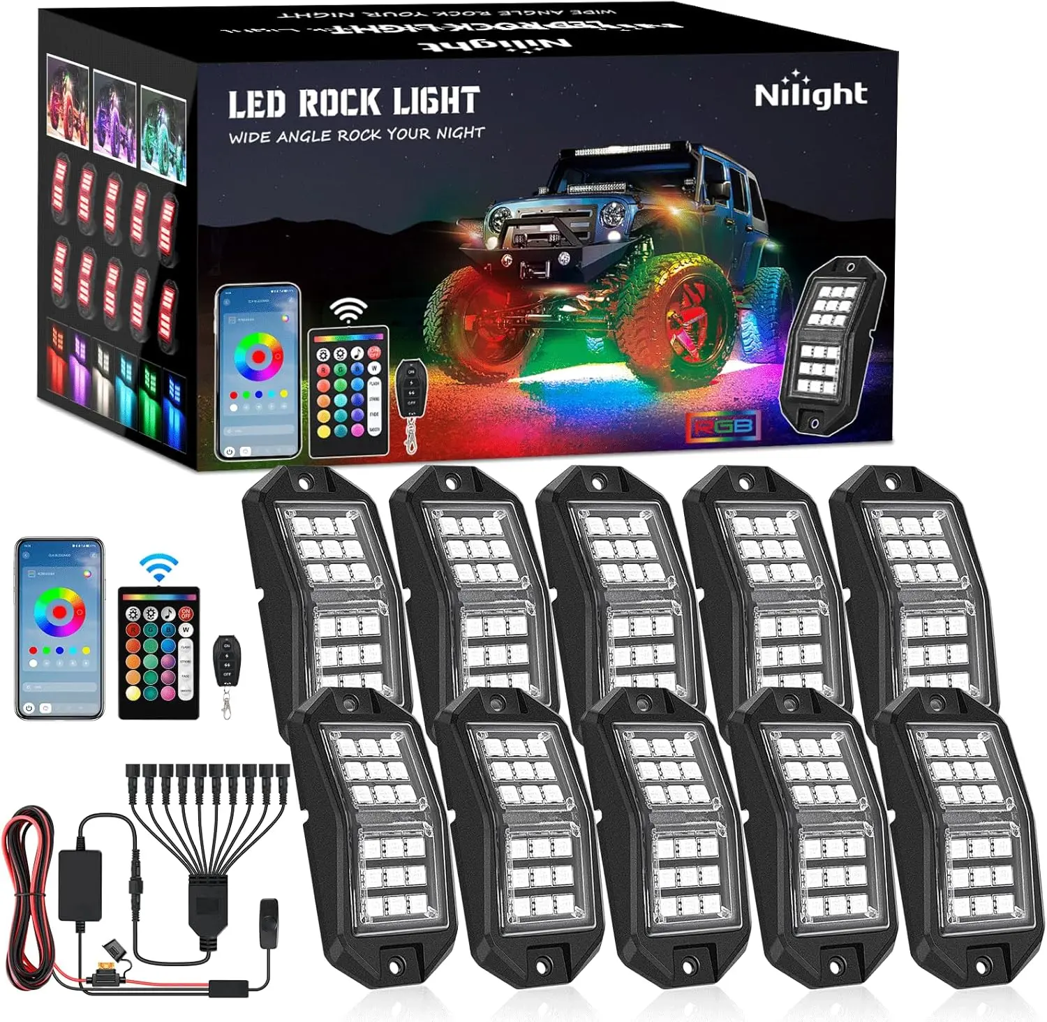 Nilight RGB LED Rock Lights Kit, 10 PCS 18LED Wide Angle Beam Multifunctional Ambient LED Side Lights with Remote & Bluetooth App RGB Sync, IP67 Waterproof PC Lens Underglow Neon Pod for ATV, Offroad Truck, Led Side Light