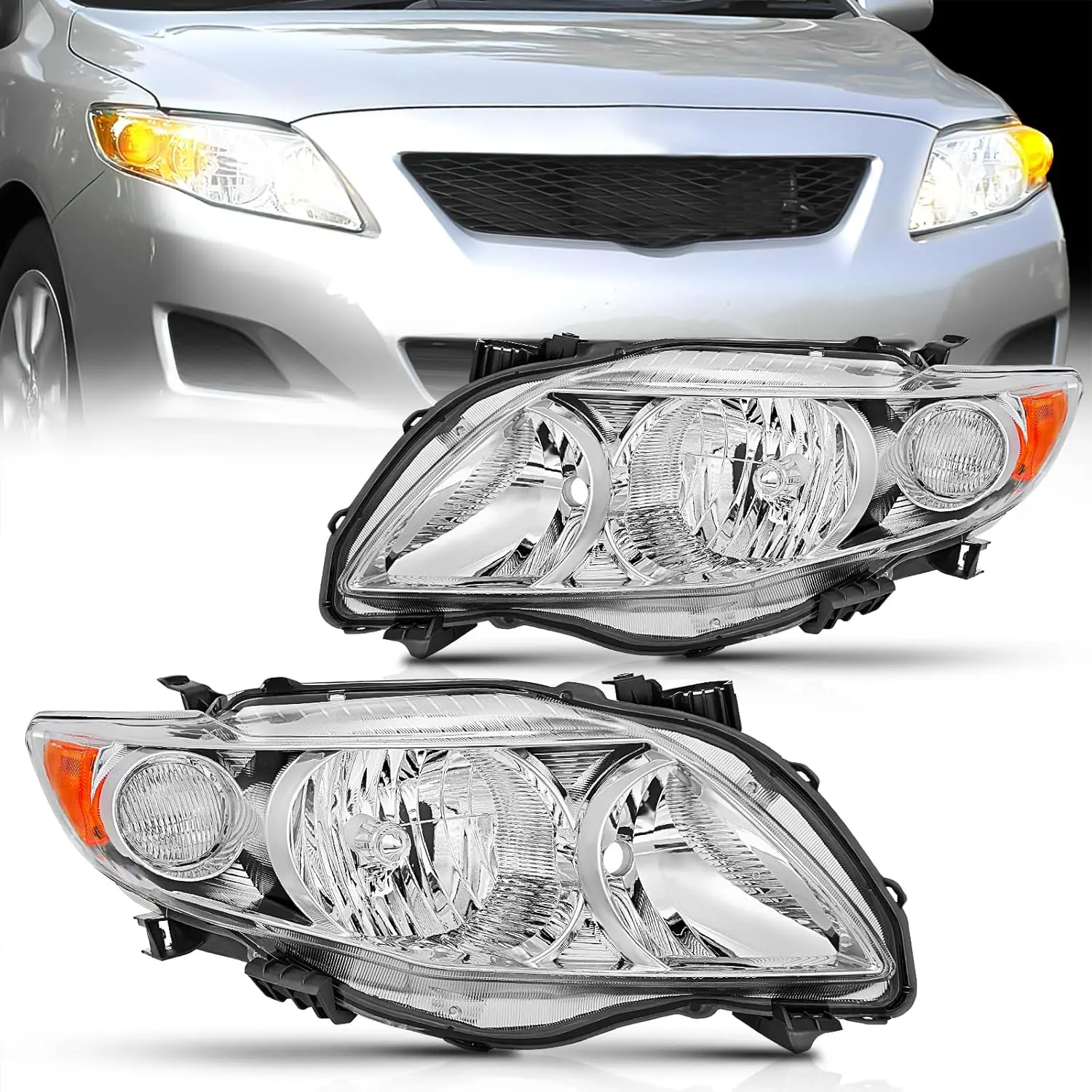 Nilight Headlight Assembly Compatible with 2009 2010 Toyota Corolla XLE/LE/Base Replacement Headlamp Chrome Housing Amber Reflector Driver and Passenger Side(Not fit S or XRS Trim), Chrome Finish, Ip65 Rated, Led Headlights, Brightening