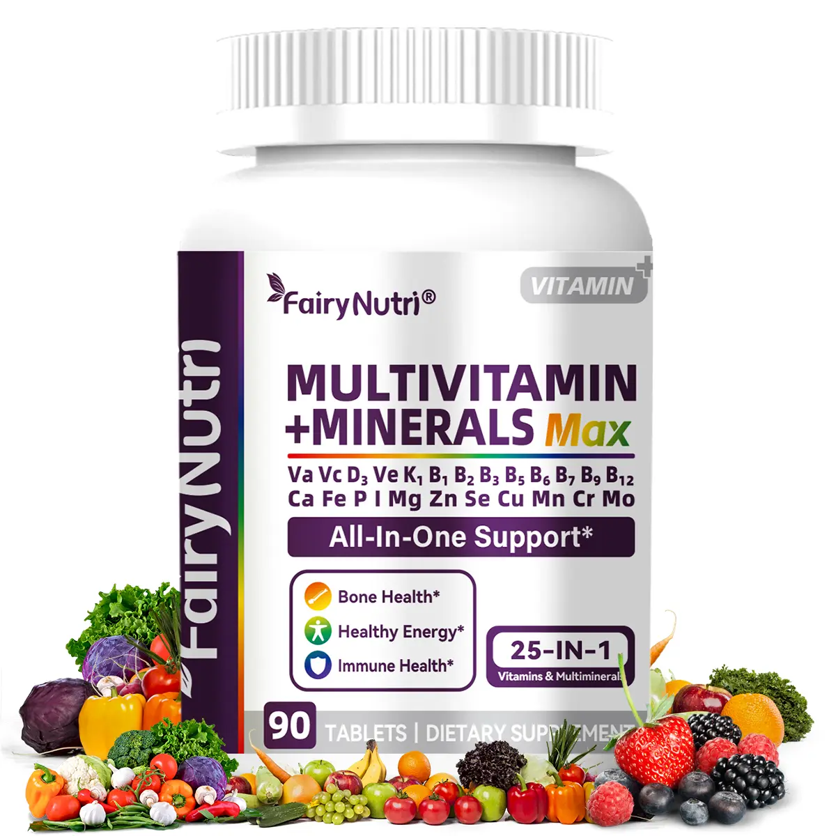 FairyNutri MAX 25-IN-1 Multivitamin + Minerals Dietary Supplement, High-Content Nutritional Complex for Bone Health, Healthy Energy & Immune Support (90 Tablets)