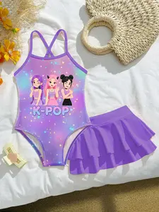 Girls' Kpop Fashion Cartoon Swimwear Set, Soft Comfortable Fabric, Sleeveless One-Piece Swimsuit & Short Skirt, Summer Beach Play, Swimsuit Sets