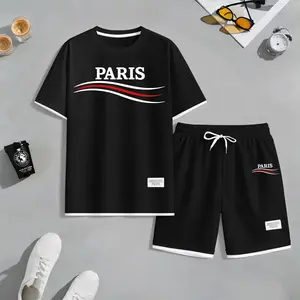 Two-Piece Set Men's Letter Print Tee & Drawstring Waist Shorts Pyjama, Crew Neck Short Sleeve T-Shirt & Pocket Track Shorts, Casual Comfy Men's Sleepwear Set for All Seasons