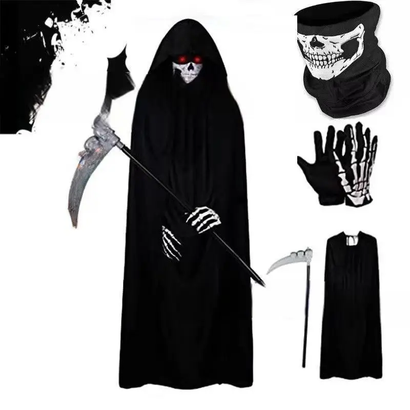 5pcs Halloween Party Adult Grim Reaper Cosplay Costume Set, Long Cape Cloak with Skull Mask, Death Scythe, Halloween Dress-Up Props
