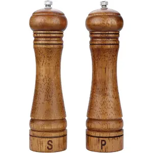 Wood Pepper Grinder Pepper Mill,Adjustable Coarseness 8 Inch Wooden Peppermill, Ceramic Grinding Mechanism Salt Mill Refillable (2 pack)