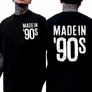 90s Retro Letter Double-Sided T-Shirt Simple Style High-End Sense Commuting Sports Leisure Street Wear Unisex Tops Made in '90s Bold Statement Piece Comfortable Versatile Cotton Material Round Neck Top Black Cardigan graphic tee 90s graphic tees