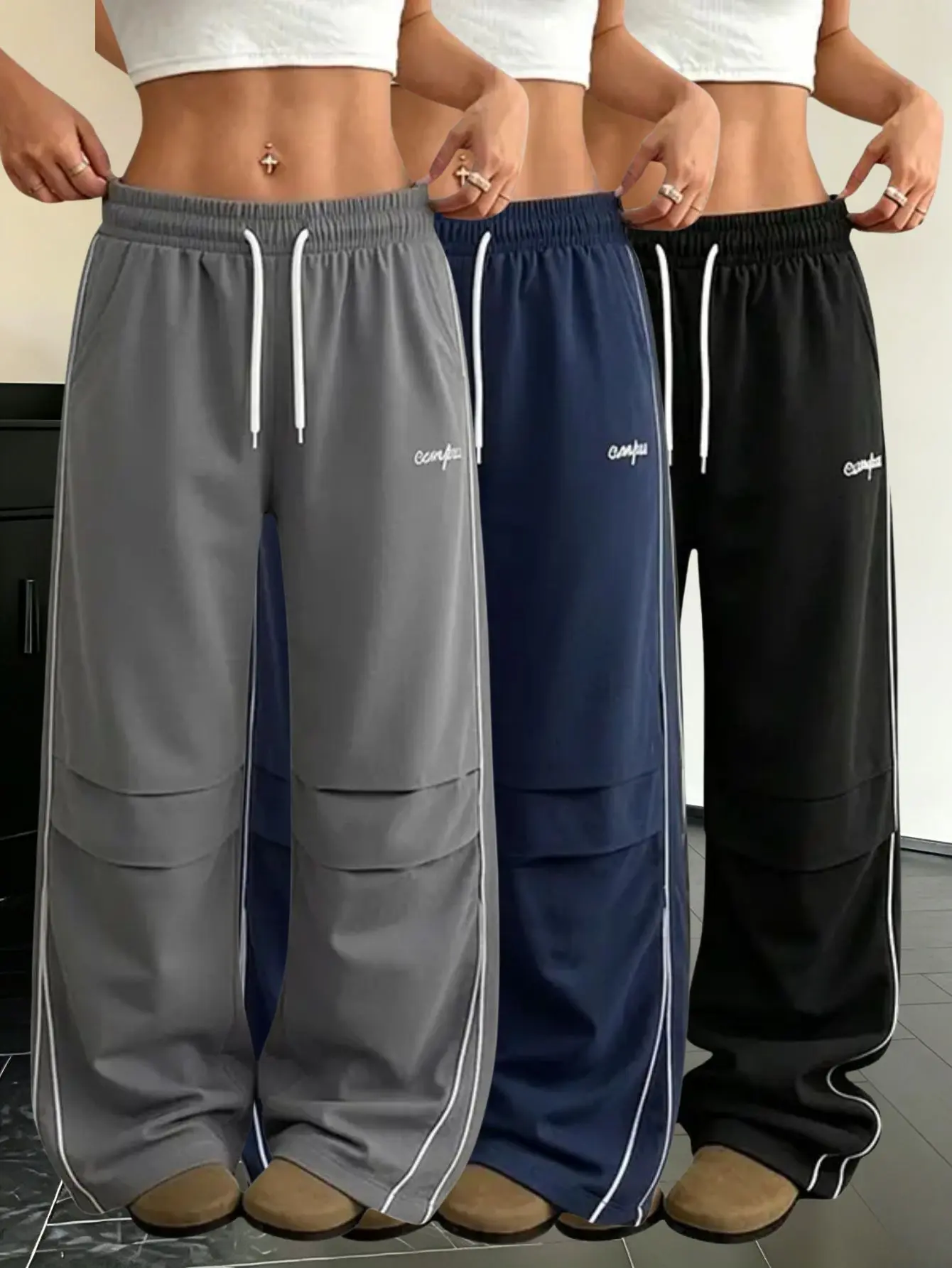 American-style side stripe drawstring wide-leg sweatpants for women, featuring a drapey, ruched casual athletic long pants Womenswear Bottom Wideleg