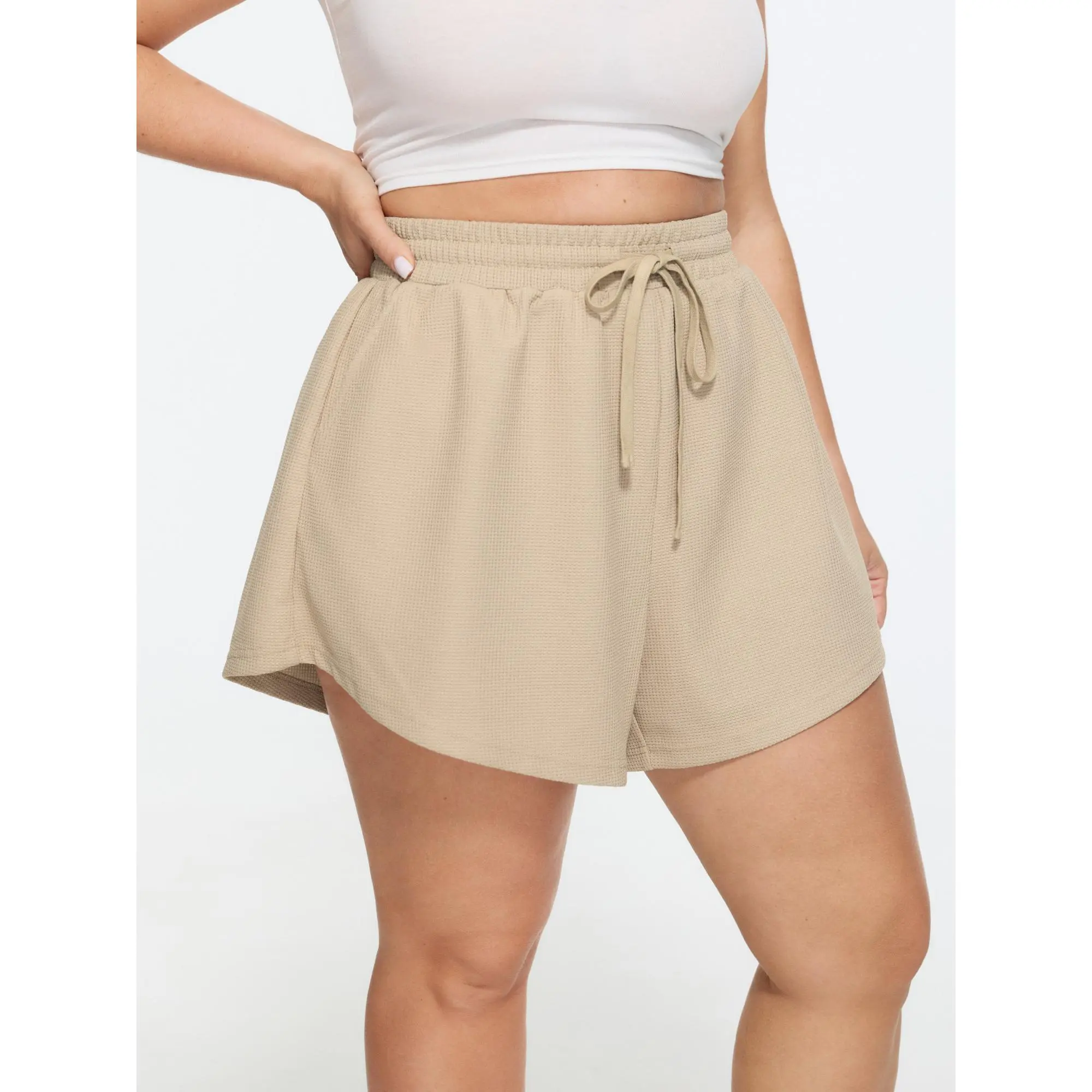 BloomChic Women's Plus Size Casual Wide-Leg Shorts, Simple Breathable Textured Polyester with Drawstring Waist and Pockets, Bottom, Basic, Minimalist, Fabric, Plus Size Clothes, Curvy Clothing, Solid, Garment, Flat, Everyday, Plus Size Shorts